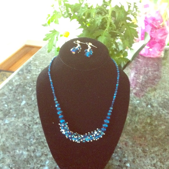 Iridescent dark blue beads w pewter accents