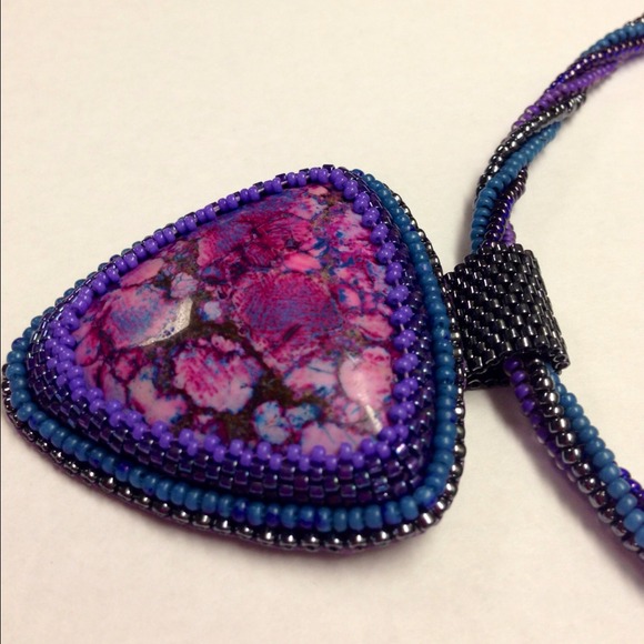 Handmade Bead embroidered pendant w/ bead necklace