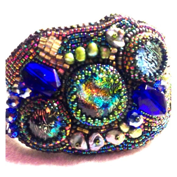 Handmade-Bead Embroidered Dichroic Glass Bracelet