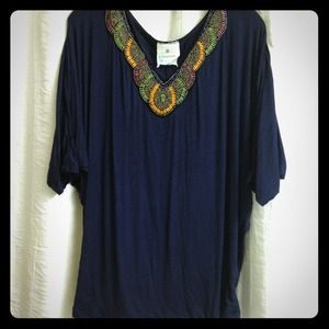 Beaded neckline navy top