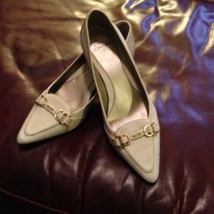 Joan & David ivory linen and leather pumps