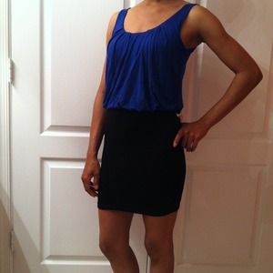 Black and blue form-fitting dress