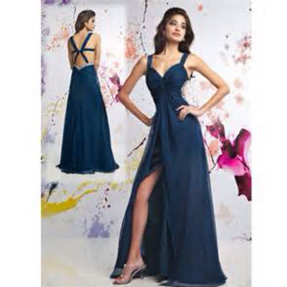 Navy blue chiffon prom dress