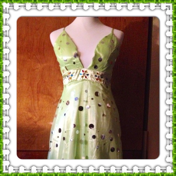 Spaghetti Strap Lime Green Dress With Silver desgn