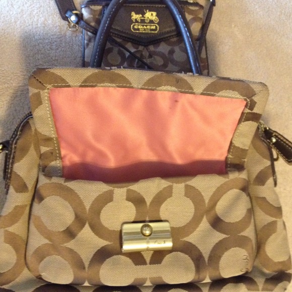 Khaki & Mahogany Coach Bag, matching Arm wristlets - Picture 3 of 4