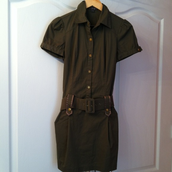 Belted army green dress with gold accents