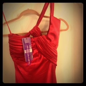 Full Length Red Satin Formal Dress or Ball Gown