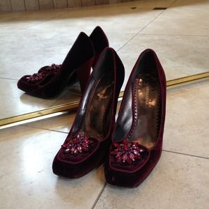 BCBG Velvet Heels with Pink and Red Crystal Flower