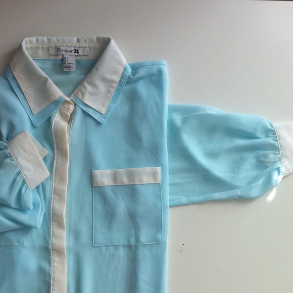 New Light Blue Mint Cream White Blouse - Picture 2 of 2