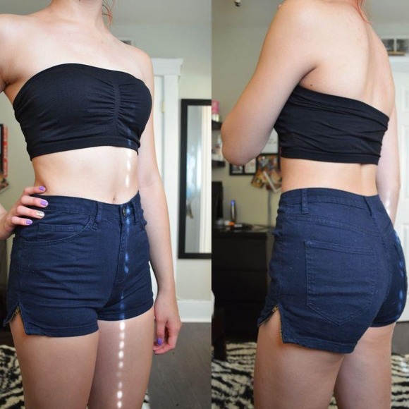 Navy blue high-waisted shorts with side zippers