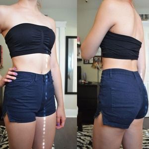 Navy blue high-waisted shorts with side zippers