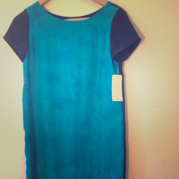 Designer Silk 2 colored dress w drop back hemline