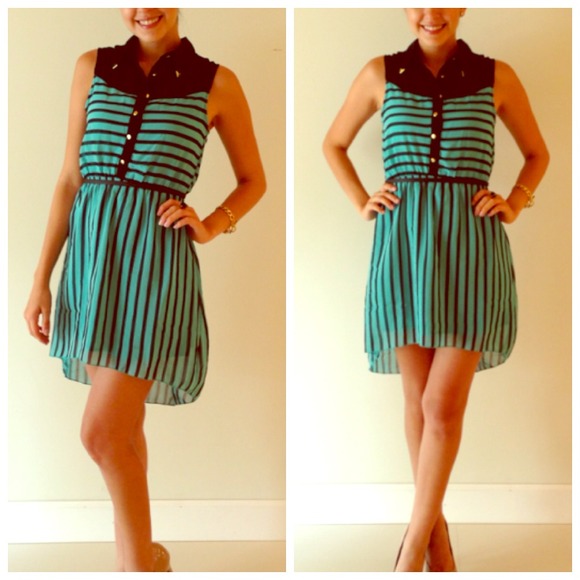 SOLDinBUNDLE Low Teal and Black Dress with Gold A