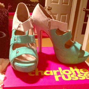Teal suede open toe heels