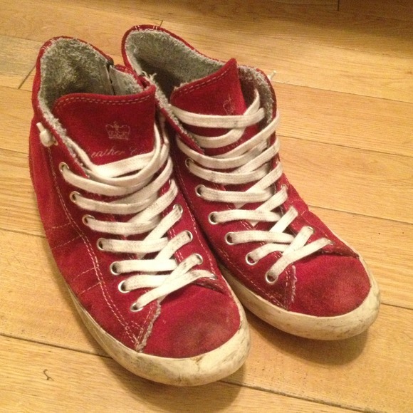 Red suede distressed shoes