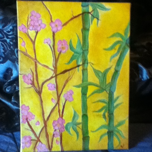 Original Oil Painting " Cherry Blossoms & Bamboo"