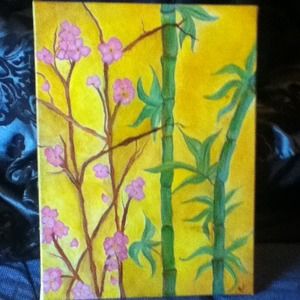 Original Oil Painting " Cherry Blossoms & Bamboo"