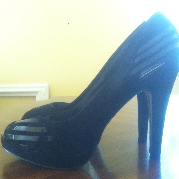 Black suede BCBGirls peep toe heels