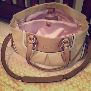 Tan Coach Ashley Satchel with pink liner