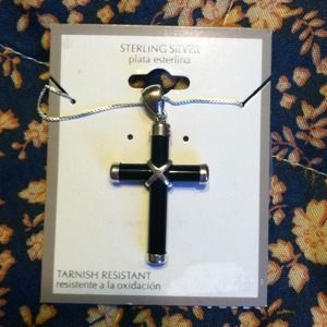 Black Agate Cross Necklace, Sterling Silver Chain