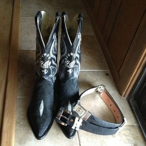Genuine black Stingray boots and belt set for men