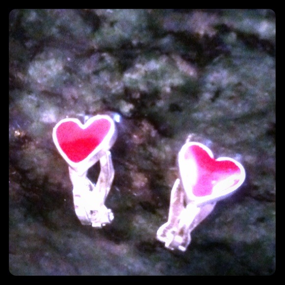 Red and Silver Heart Clip-On Earrings