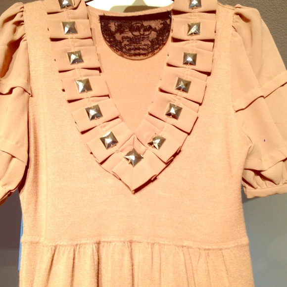 Tan sweater dress w/ studs and short sleeves