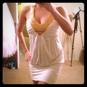 REDUCED! White Bodycon dress with gold sequins
