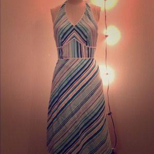 Ann Taylor Green Stripes Halter Dress