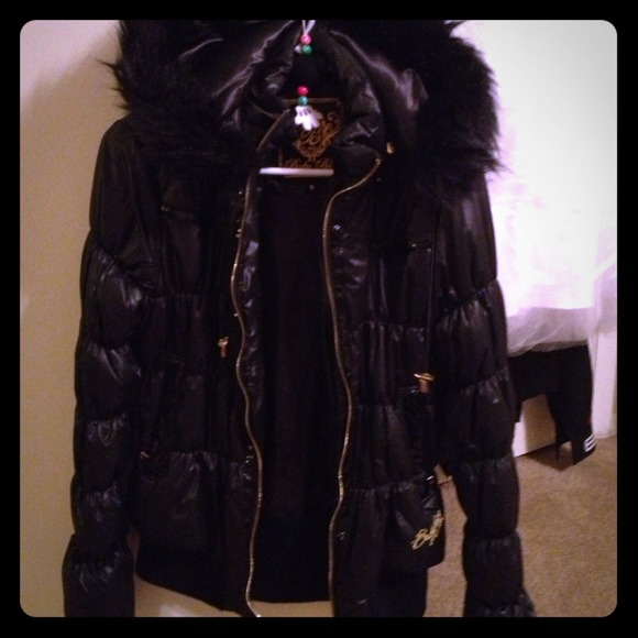 black winter jacket, bubble jacket with furry hood