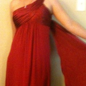 Floor length formal, one shoulder detailed bust.