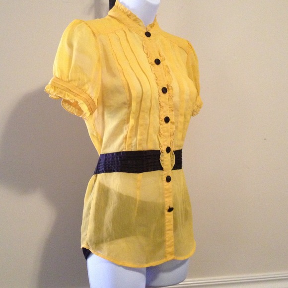 Yellow/black chiffon blouse. L:23.  B:36".  W:30". - Picture 2 of 4