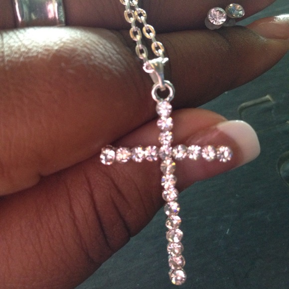 Rhinestone Cross 8" necklace + Earring Studs