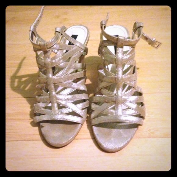 Gold crisscross block heel sandals