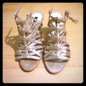 Gold crisscross block heel sandals