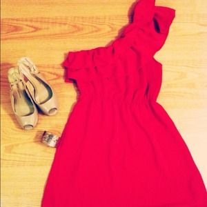 Red One Shoulder Ruffle Dress, Size Small.