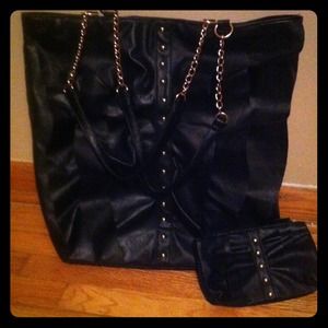 Black ruffle tote & wallet w/gold accents.