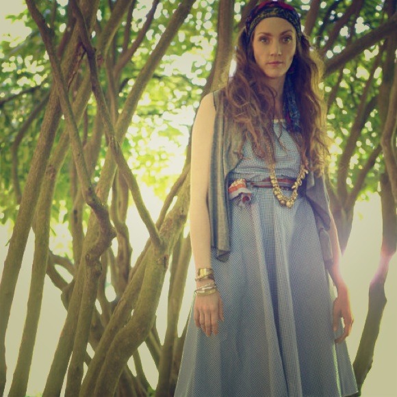 summer dress full skirt dress Blue checker pattern