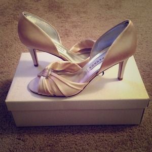 beautiful peep toe champagne silk heels