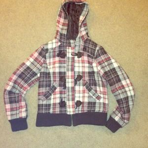 Plaid pink cream brown jacket w hood