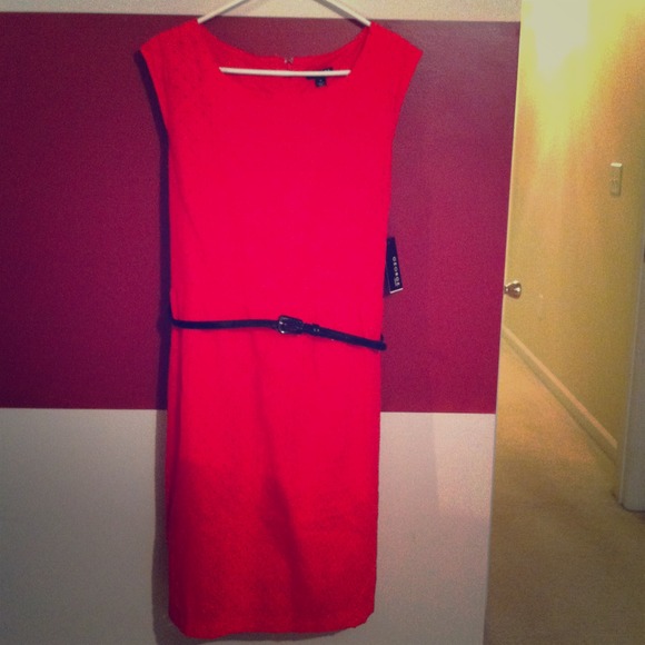 Red pencil dress with black belt