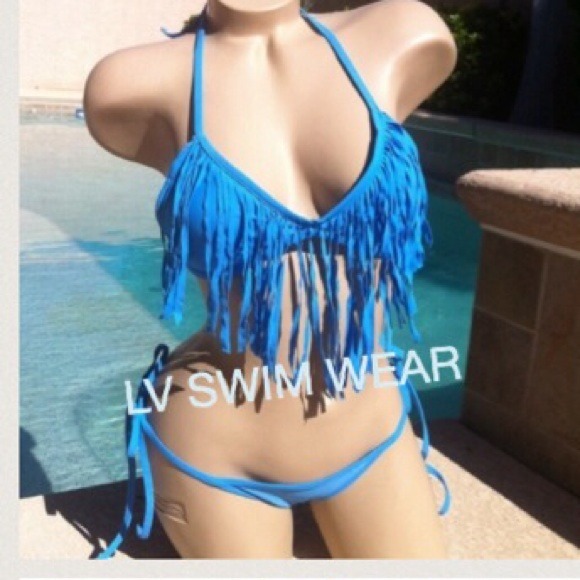 Blue tassel fringe scrunch butt bikini nwot small