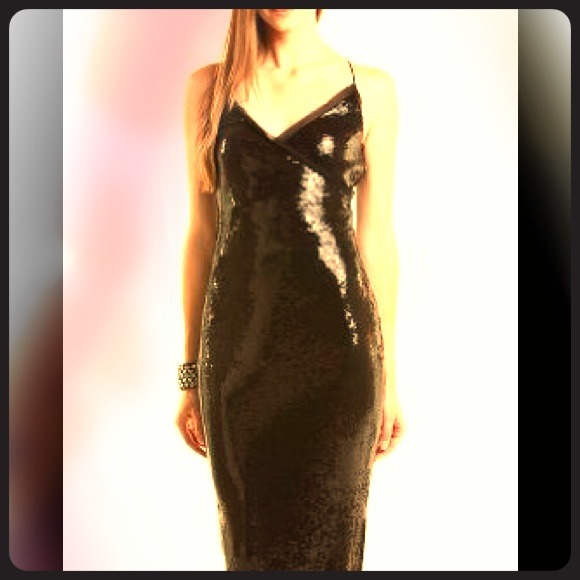Nicole Miller long black sequined racer back dress