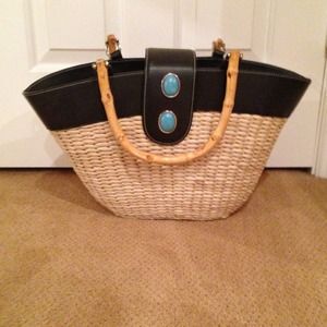 Straw purse with turquoise detail/ bamboo handles