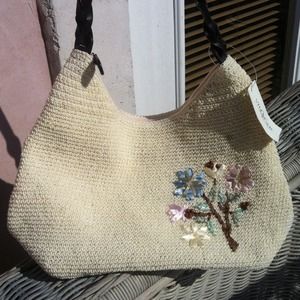 NWT Villager Liz Claiborne cream woven floral bag