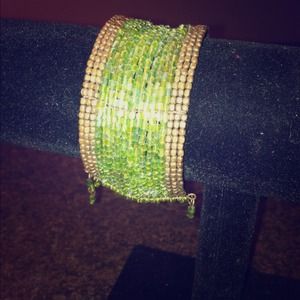 Green & Antique Gold Beaded Cuff