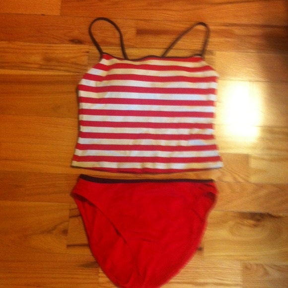 Red and white swimsuit with navy trim