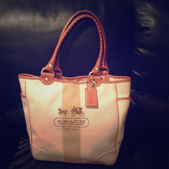 COACH BLEECKER HERITAGE STRIPE CANVAS/LEATHER TOTE