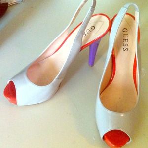 Guess nude, purple, and peach pumps