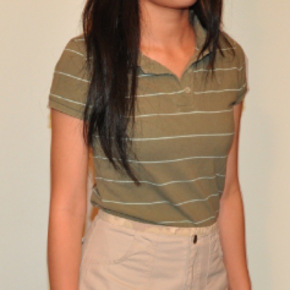 Striped green polo collar short sleeve shirt